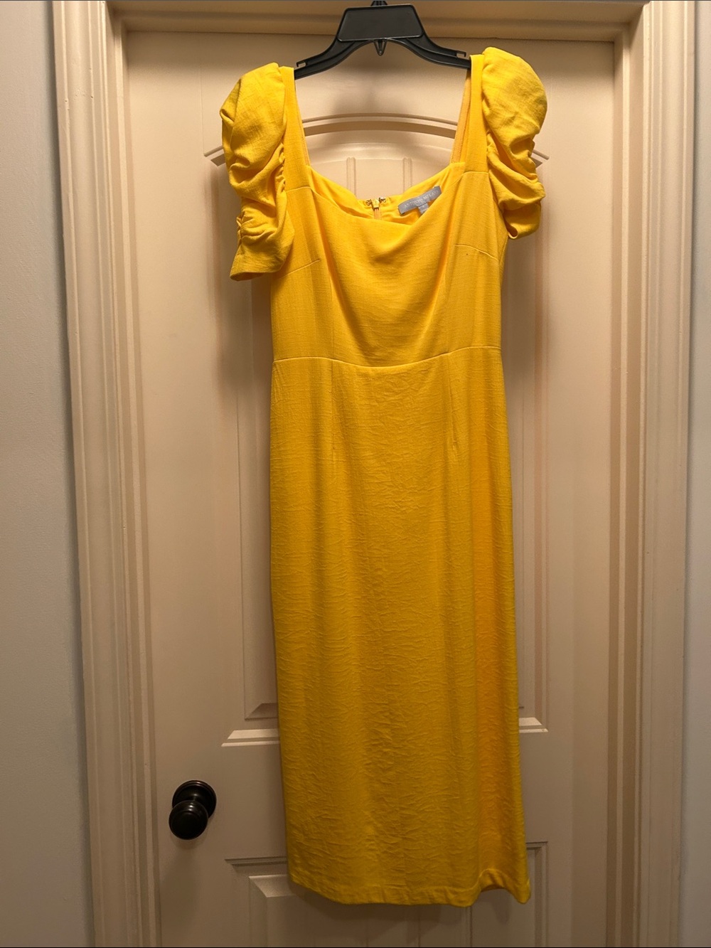 Yellow Puff-Sleeve Midi Dress